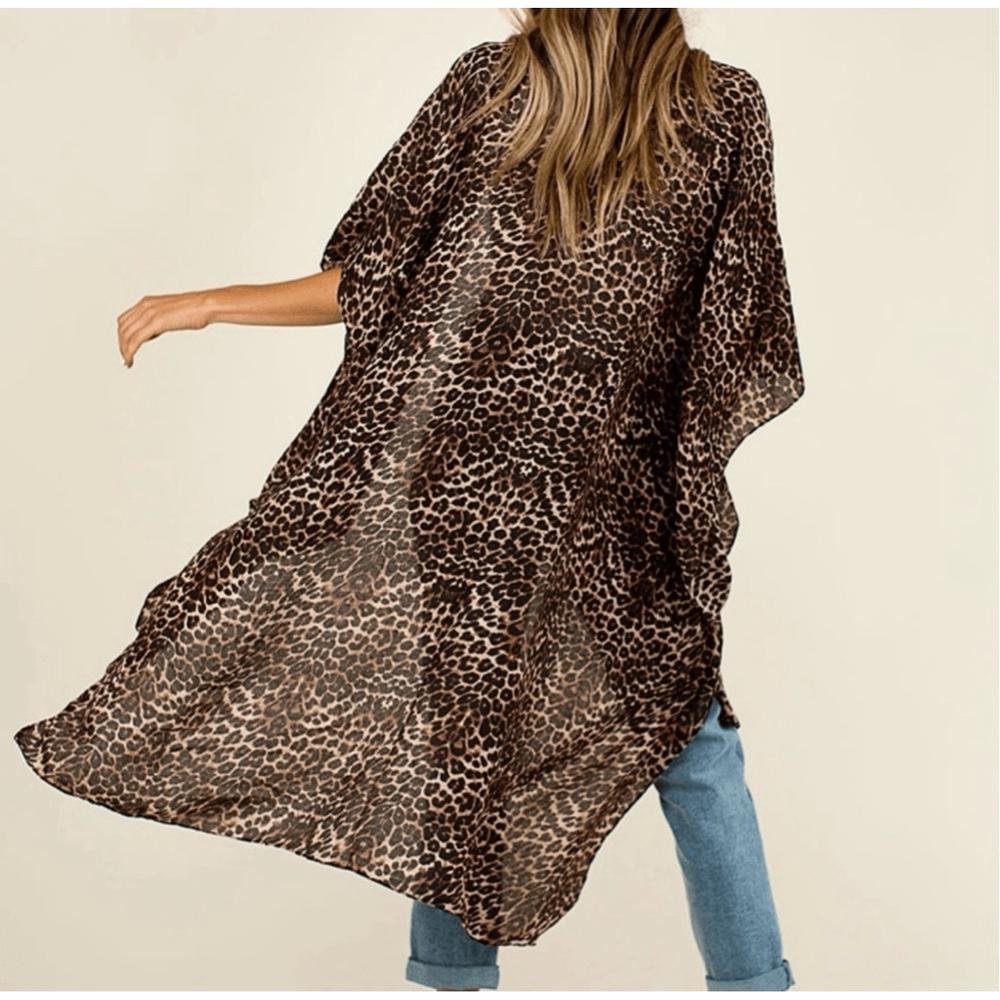 Women's Mia Joy Leopard Print Kimono One Size Brown Black - Picture 3 of 6
